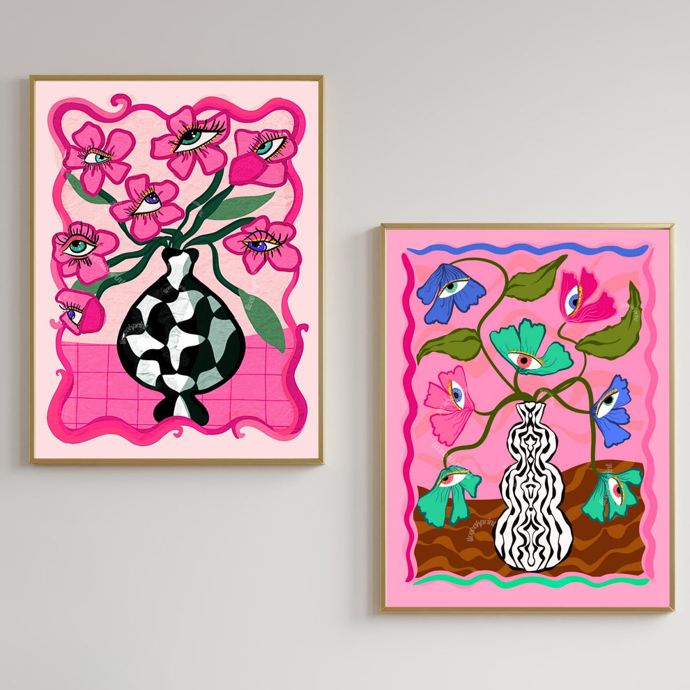 Surreal Eye Flower Set of Two Art Prints - Pink Maximalist Wall Decor Weird Wall Art