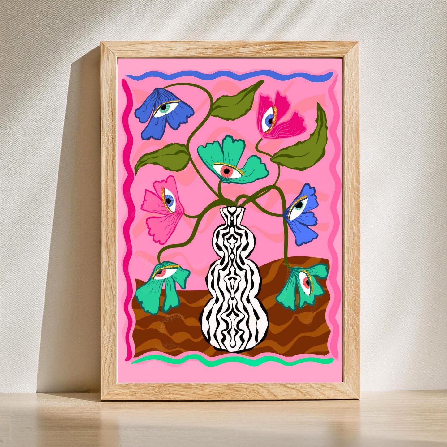 Surreal Eye Flower Set of Two Art Prints - Pink Maximalist Wall Decor Weird Wall Art