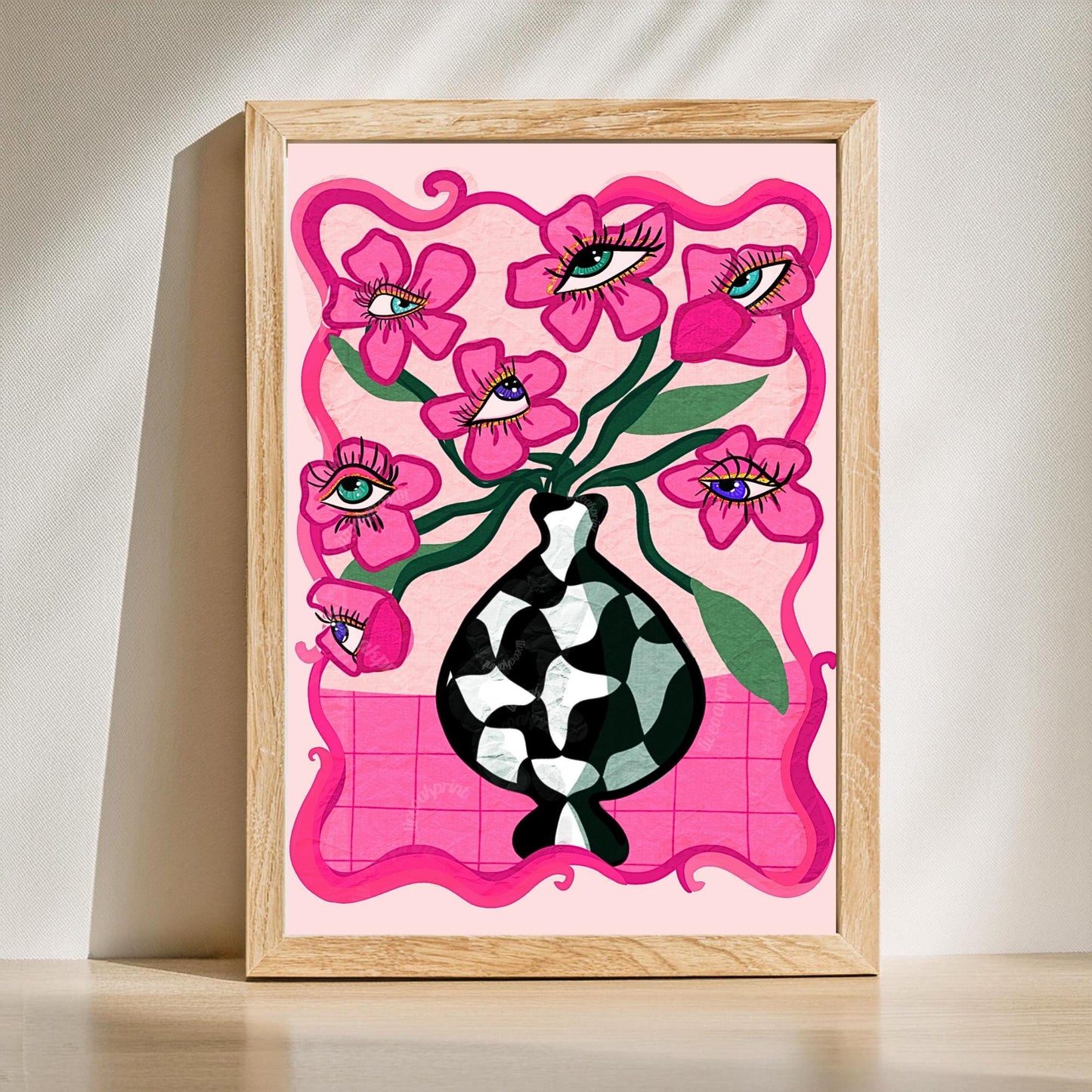 Surreal Eye Flower Set of Two Art Prints - Pink Maximalist Wall Decor Weird Wall Art