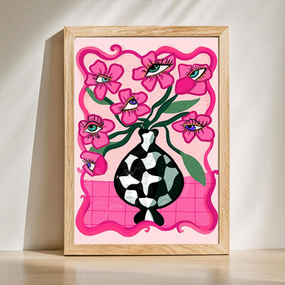 Surreal Eye Flower Set of Two Art Prints - Pink Maximalist Wall Decor Weird Wall Art