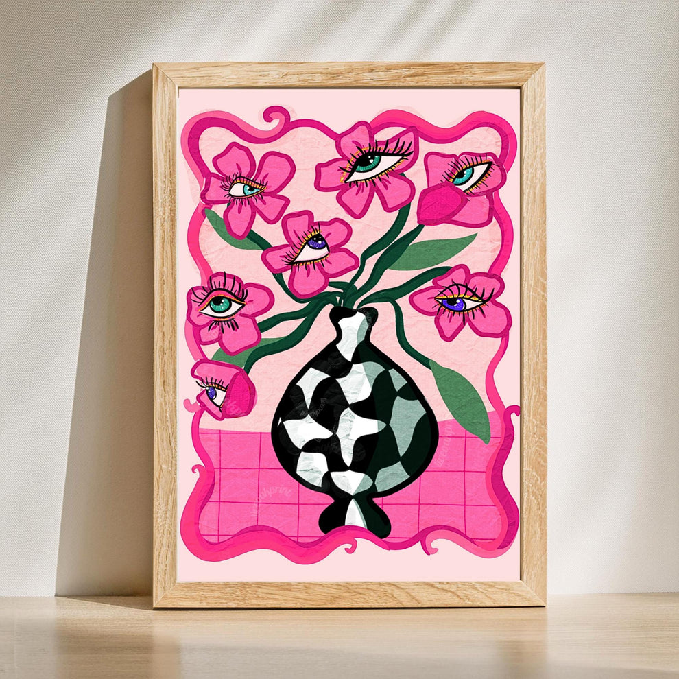 Surreal Eye Flower Set of Two Art Prints - Pink Maximalist Wall Decor Weird Wall Art