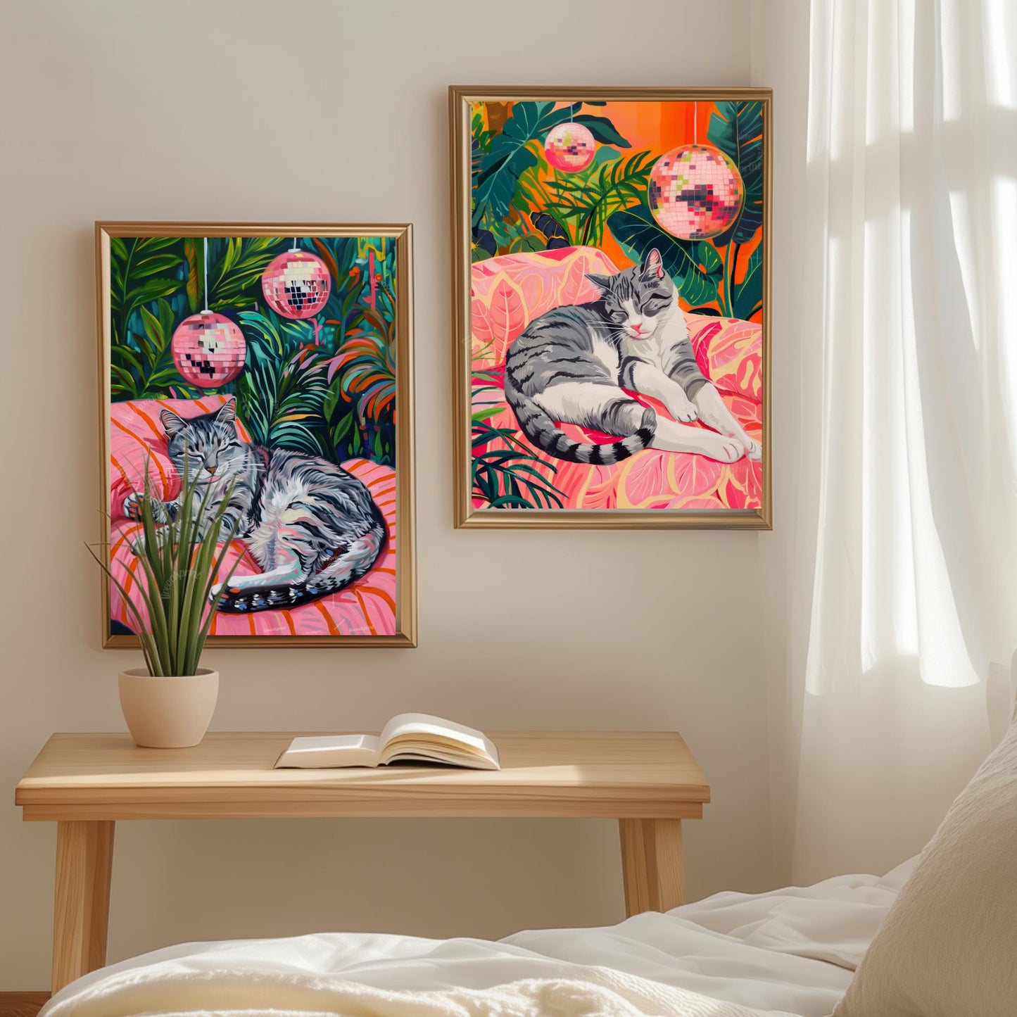 Set of Two Gray Cat Art Prints – Gray Cat Wall White and Gray Cat Gray Tabby Cat Art Disco Cat Prints Cozy Grey Tabby Cat Art Print