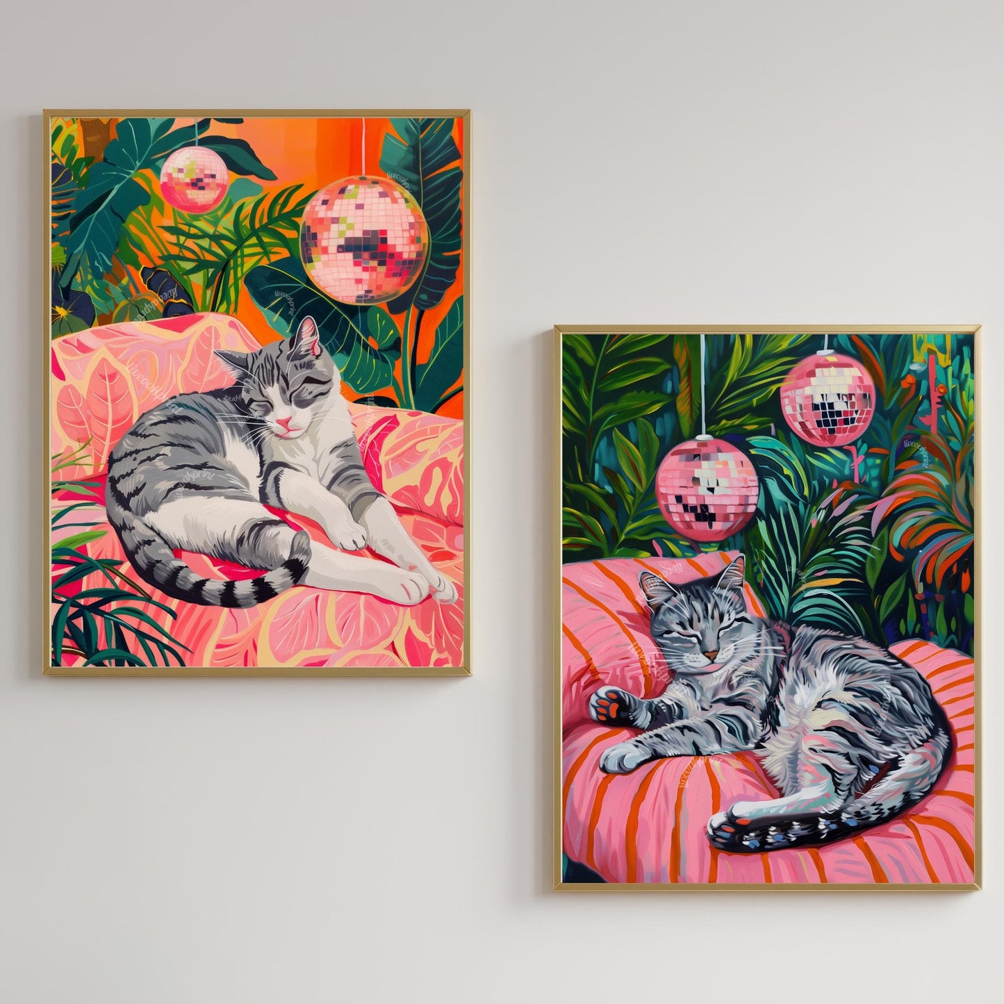 Set of Two Gray Cat Art Prints – Gray Cat Wall White and Gray Cat Gray Tabby Cat Art Disco Cat Prints Cozy Grey Tabby Cat Art Print