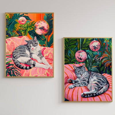Set of Two Gray Cat Art Prints – Gray Cat Wall White and Gray Cat Gray Tabby Cat Art Disco Cat Prints Cozy Grey Tabby Cat Art Print
