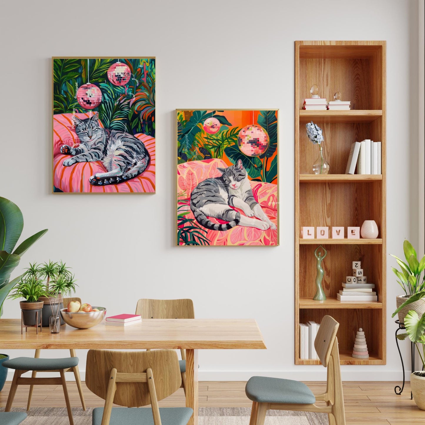 Set of Two Gray Cat Art Prints – Gray Cat Wall White and Gray Cat Gray Tabby Cat Art Disco Cat Prints Cozy Grey Tabby Cat Art Print
