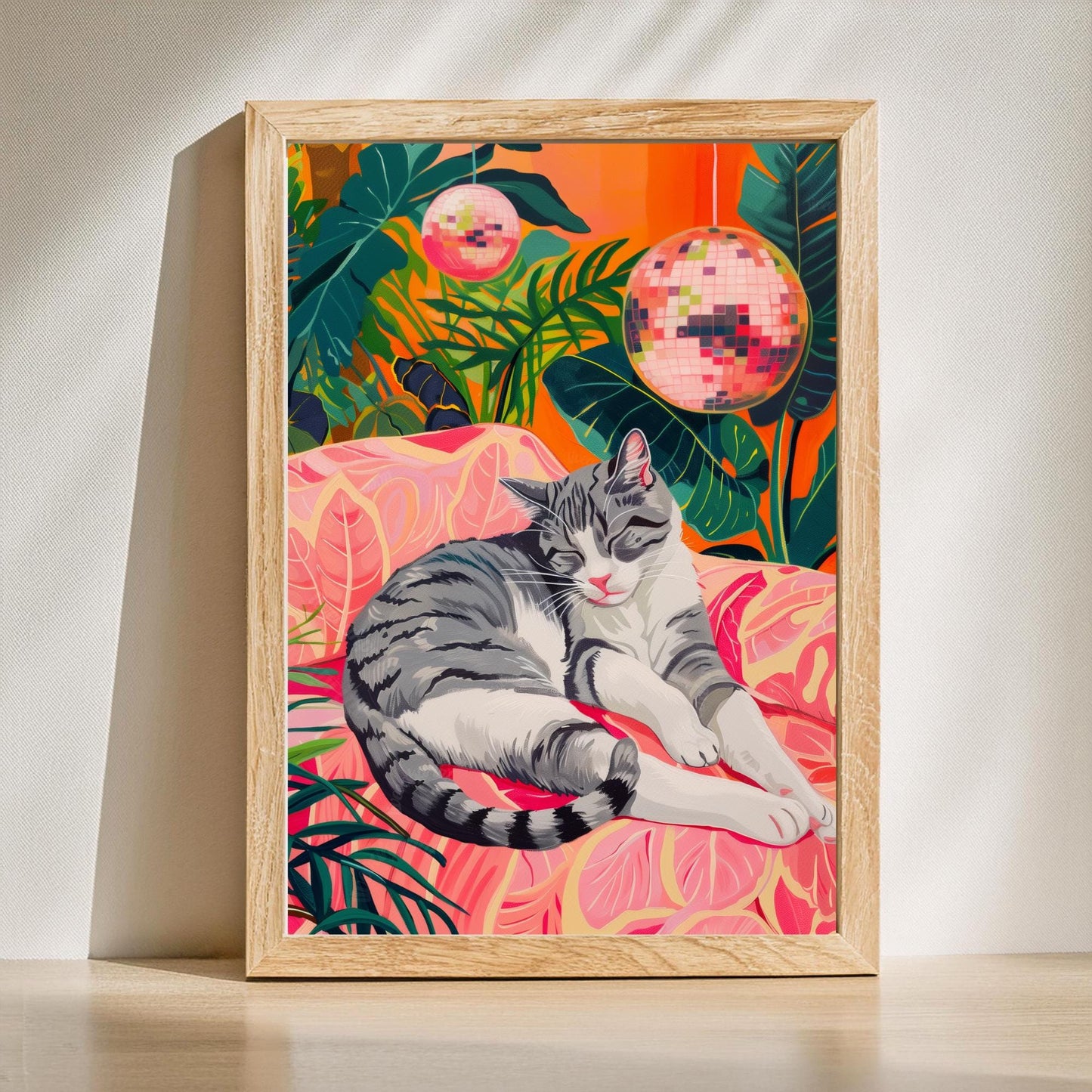 Set of Two Gray Cat Art Prints – Gray Cat Wall White and Gray Cat Gray Tabby Cat Art Disco Cat Prints Cozy Grey Tabby Cat Art Print