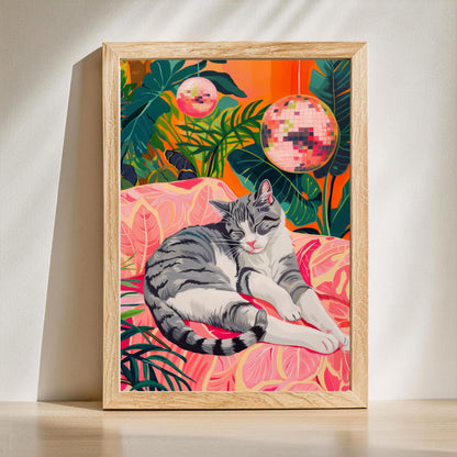 Set of Two Gray Cat Art Prints – Gray Cat Wall White and Gray Cat Gray Tabby Cat Art Disco Cat Prints Cozy Grey Tabby Cat Art Print