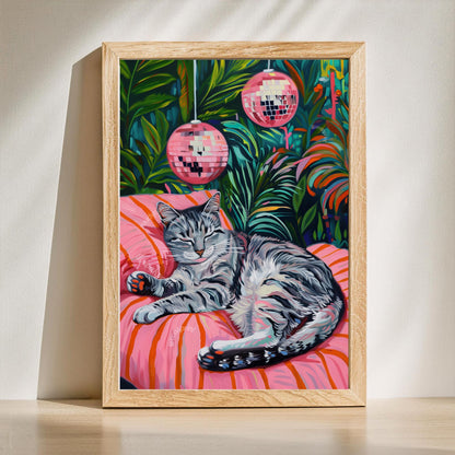 Set of Two Gray Cat Art Prints – Gray Cat Wall White and Gray Cat Gray Tabby Cat Art Disco Cat Prints Cozy Grey Tabby Cat Art Print