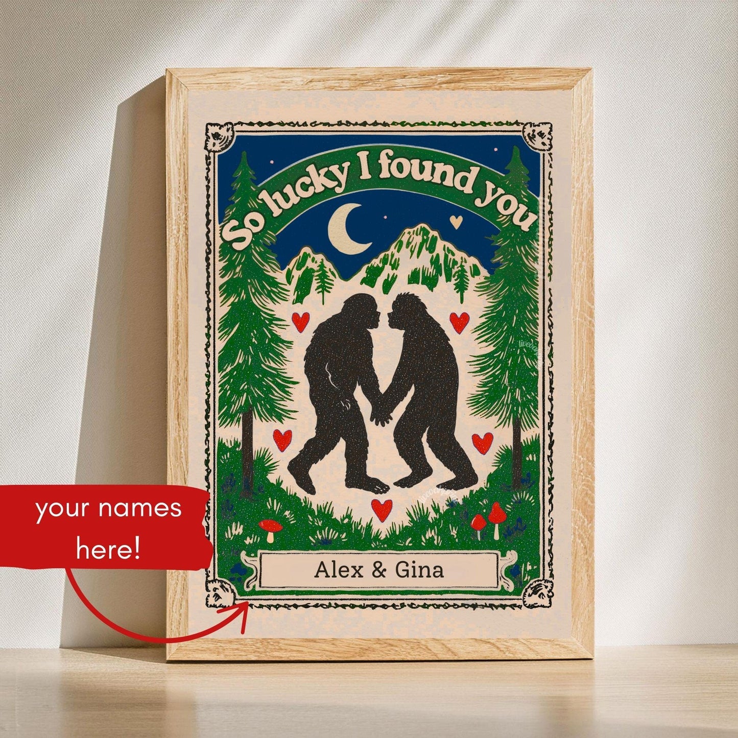 Personalized Bigfoot Couple Art Print – Custom Name Gift for Outdoorsy Couples Anniversary Decor PNW Gift