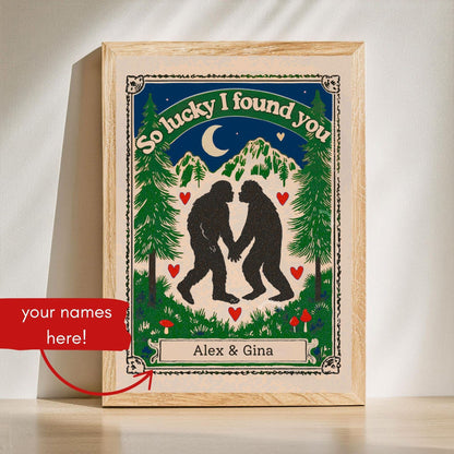 Personalized Bigfoot Couple Art Print – Custom Name Gift for Outdoorsy Couples Anniversary Decor PNW Gift