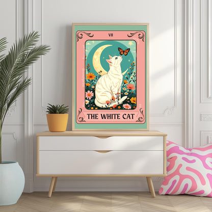 The White Cat Tarot Card Art Print – Funky Cat Wall Decor White Cat Gift Living Room Decor