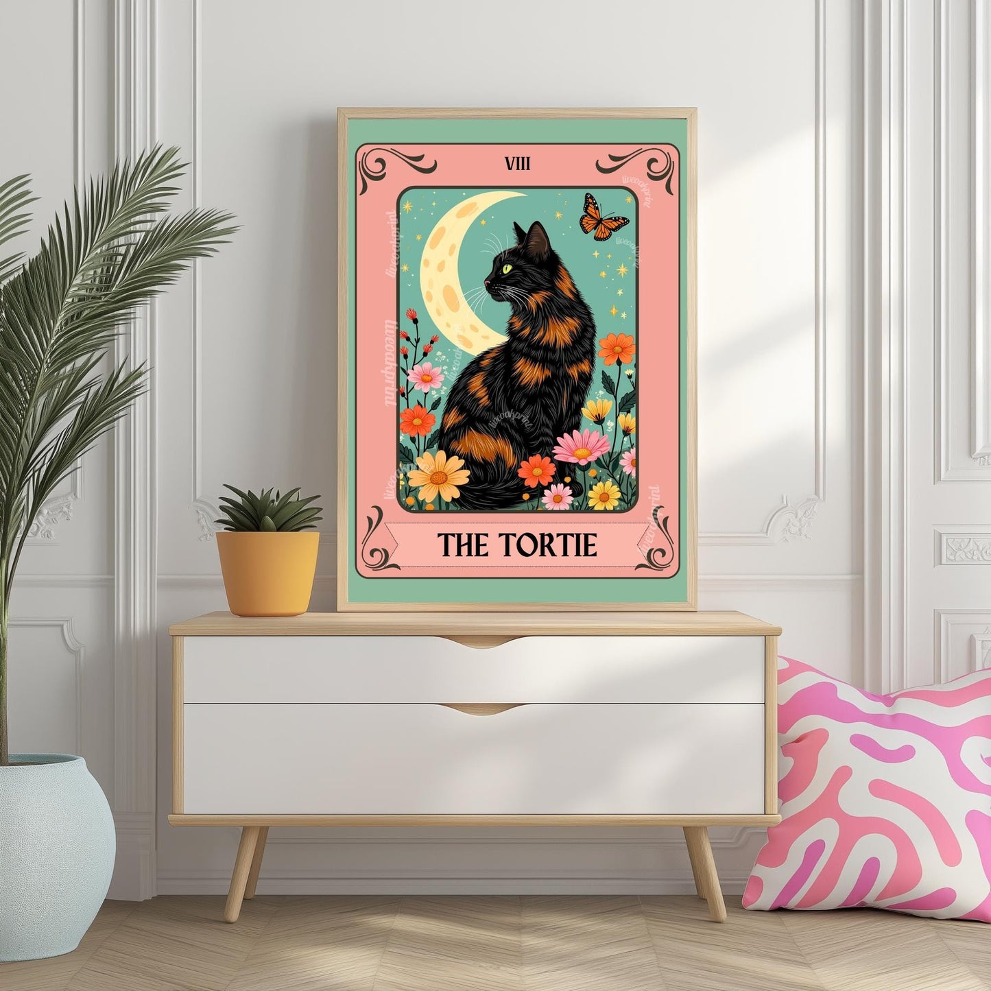 The Tortie Tarot Card - Tortoiseshell Cat Wall Decor Tortie Cat Gift Ideas Witchy Cat Wall Decor Cat Moon Print