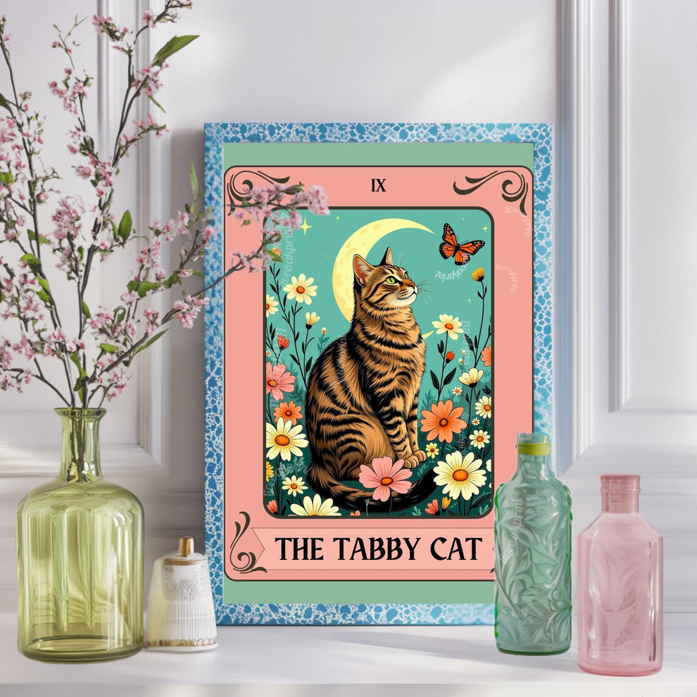 Tabby Cat Tarot Card Art Print - Brown Cat Wall Decor Cat Lover Gift Tabby Cat Artwork Boho Witchy Cat Art