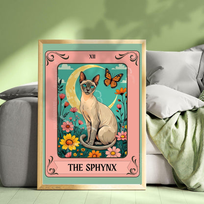 Sphynx Cat Tarot Card Art Print – Funky Cat Wall Decor Hairless Cat Gift Cat Moon Print