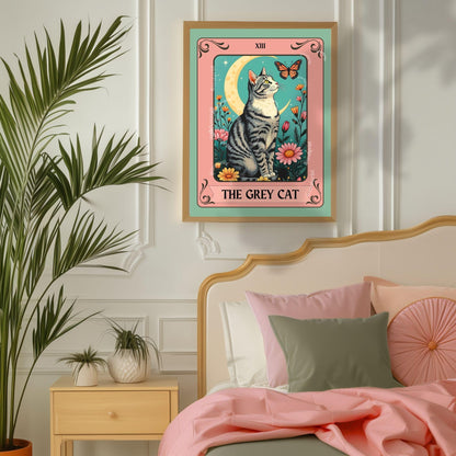 The Gray Cat Tarot Card (Gray and White Cat) – White and Gray Cat Wall Decor Witchy Botanical Cat Poster Boho Cat Lover Gift Gray Cat Gift