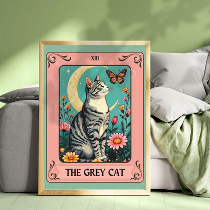 The Gray Cat Tarot Card (Gray and White Cat) – White and Gray Cat Wall Decor Witchy Botanical Cat Poster Boho Cat Lover Gift Gray Cat Gift