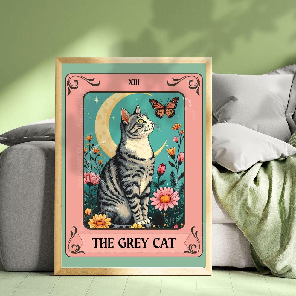 The Gray Cat Tarot Card (Gray and White Cat) – White and Gray Cat Wall Decor Witchy Botanical Cat Poster Boho Cat Lover Gift Gray Cat Gift