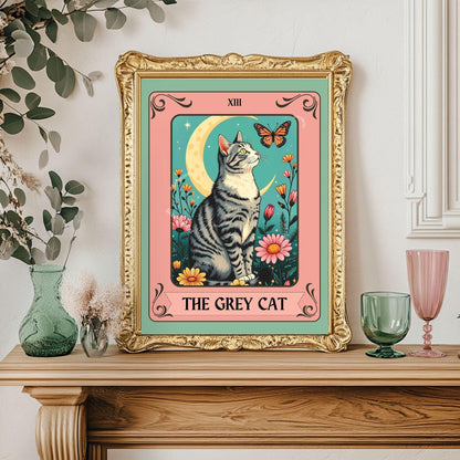 The Gray Cat Tarot Card (Gray and White Cat) – White and Gray Cat Wall Decor Witchy Botanical Cat Poster Boho Cat Lover Gift Gray Cat Gift