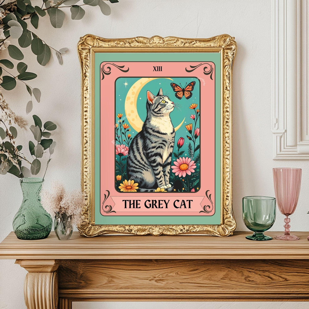 The Gray Cat Tarot Card (Gray and White Cat) – White and Gray Cat Wall Decor Witchy Botanical Cat Poster Boho Cat Lover Gift Gray Cat Gift