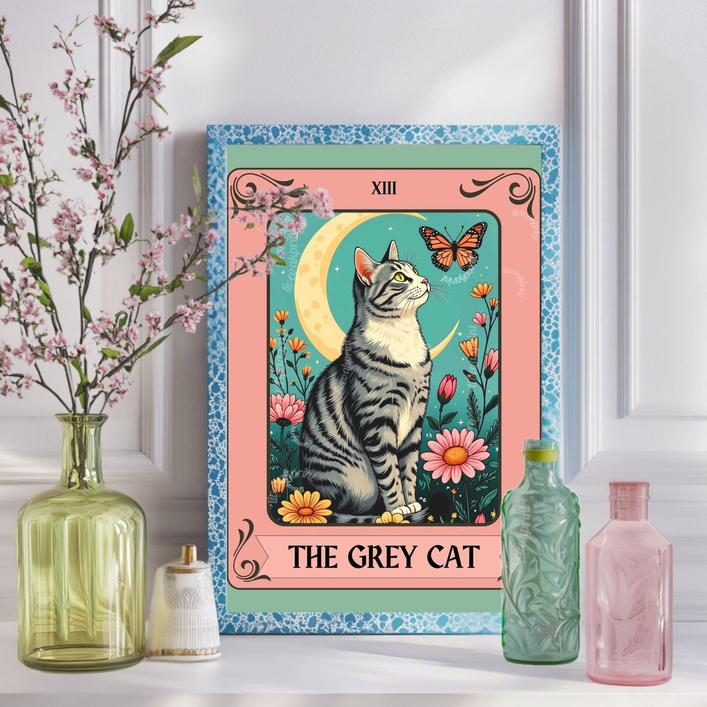 The Gray Cat Tarot Card (Gray and White Cat) – White and Gray Cat Wall Decor Witchy Botanical Cat Poster Boho Cat Lover Gift Gray Cat Gift