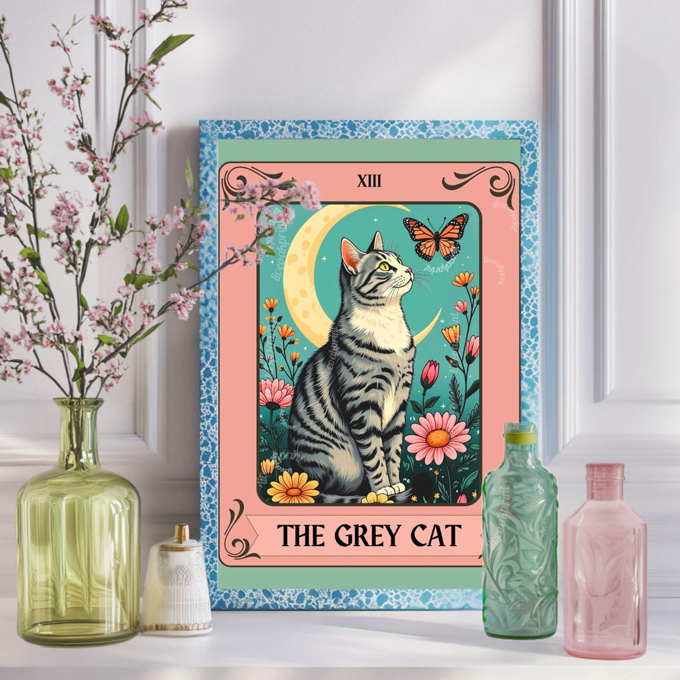 The Gray Cat Tarot Card (Gray and White Cat) – White and Gray Cat Wall Decor Witchy Botanical Cat Poster Boho Cat Lover Gift Gray Cat Gift
