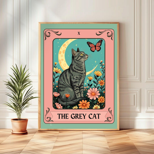 The Grey Cat Tarot Card – Dark Gray Cat Wall Decor Witchy Botanical Cat Poster Boho Cat Lover Gift Gray Cat Gift