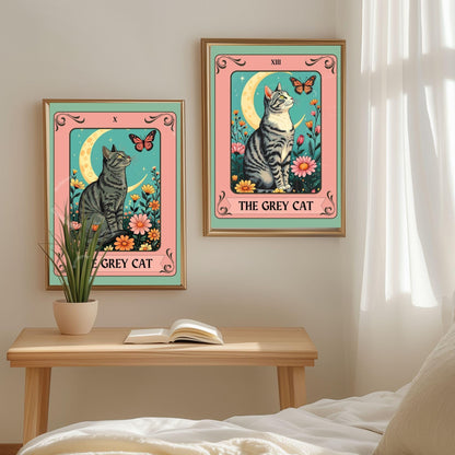 The Grey Cat Tarot Card – Dark Gray Cat Wall Decor Witchy Botanical Cat Poster Boho Cat Lover Gift Gray Cat Gift