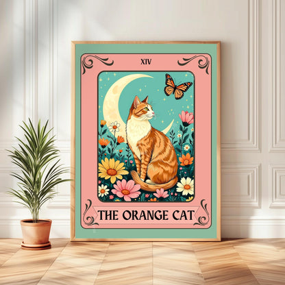 Orange Cat Art Print (Orange and White Version) – Ginger Cat Wall Decor Witchy Botanical Cat White and Orange Cat Marmaleade Cat Gift