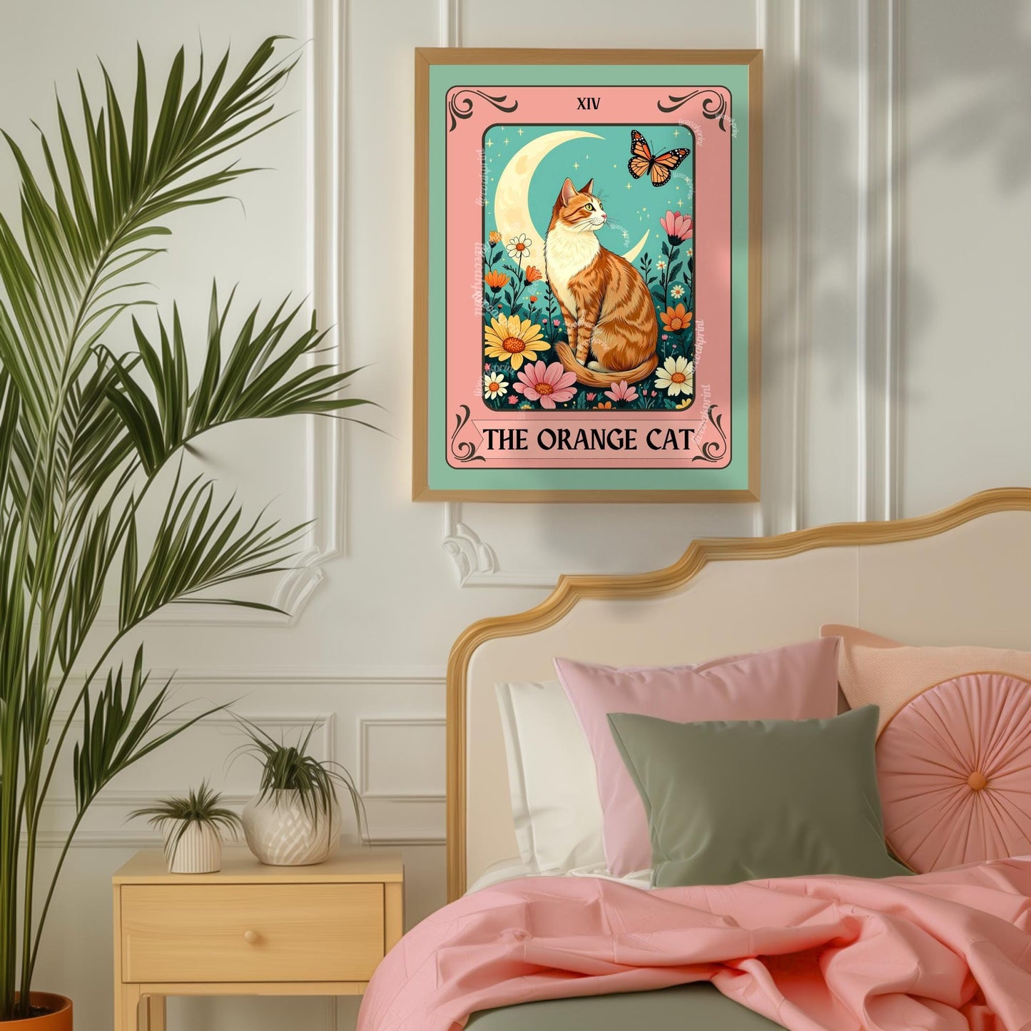 Orange Cat Art Print (Orange and White Version) – Ginger Cat Wall Decor Witchy Botanical Cat White and Orange Cat Marmaleade Cat Gift