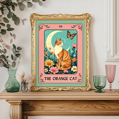 Orange Cat Art Print (Orange and White Version) – Ginger Cat Wall Decor Witchy Botanical Cat White and Orange Cat Marmaleade Cat Gift