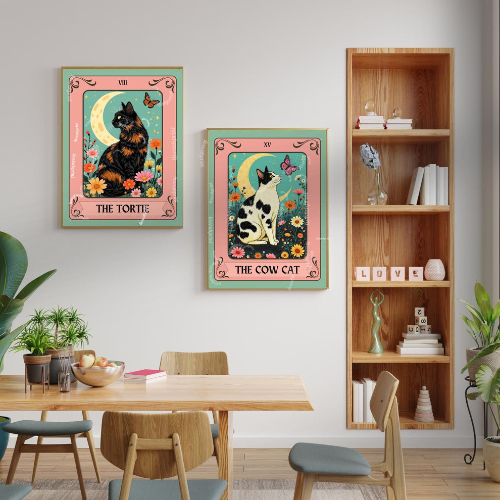 Cow Cat Tarot Card Wall Art – Cow Cat Artwork Black and White Cat Poster Witchy Cat Decor Moo Cat Wall Art Gift Cow Cat Gift Idea