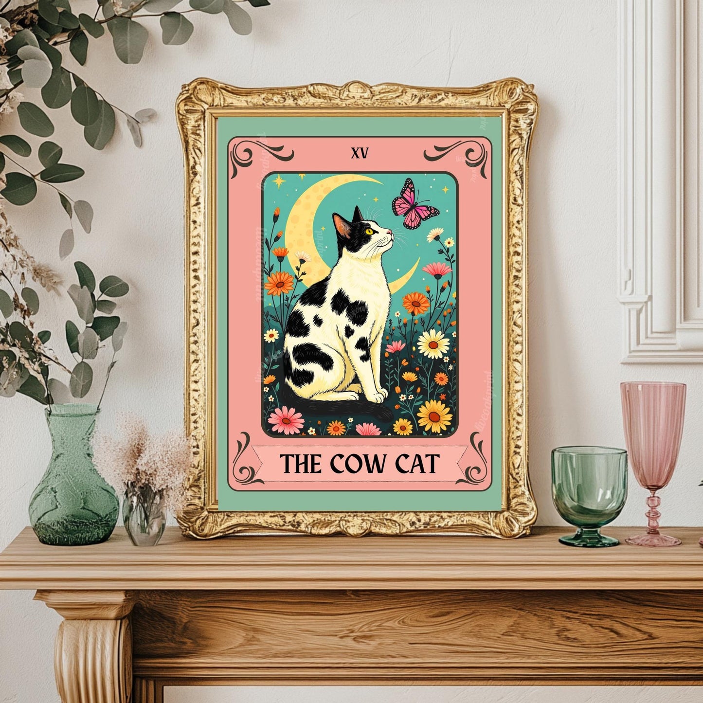 Cow Cat Tarot Card Wall Art – Cow Cat Artwork Black and White Cat Poster Witchy Cat Decor Moo Cat Wall Art Gift Cow Cat Gift Idea