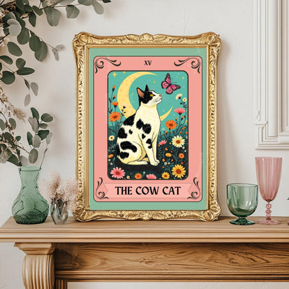 Cow Cat Tarot Card Wall Art – Cow Cat Artwork Black and White Cat Poster Witchy Cat Decor Moo Cat Wall Art Gift Cow Cat Gift Idea