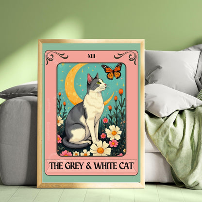 Grey and White Cat Tarot Card Wall Art - Witchy Cat Poster Whimsical Cat Lover Gift White and Gray Cat Wall Art