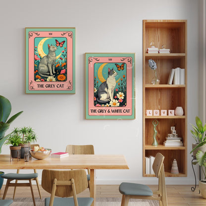 Gray Cat Tarot Card Wall Art (Solid Gray Cat) - Witchy Cat Poster Whimsical Cat Lover Gift White and Gray Cat Wall Art