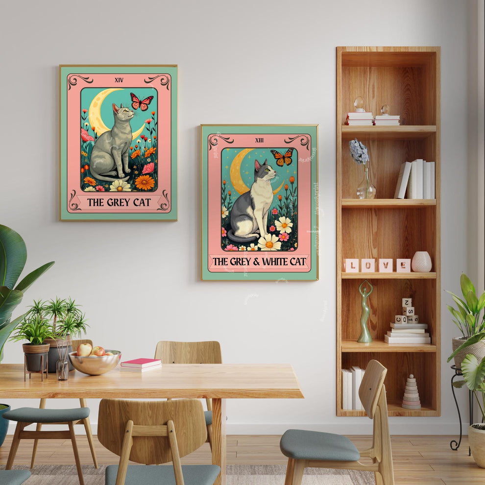 Gray Cat Tarot Card Wall Art (Solid Gray Cat) - Witchy Cat Poster Whimsical Cat Lover Gift White and Gray Cat Wall Art