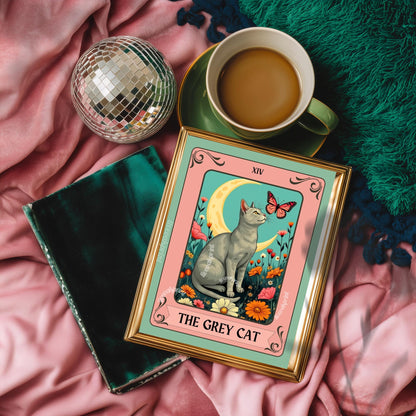 Gray Cat Tarot Card Wall Art (Solid Gray Cat) - Witchy Cat Poster Whimsical Cat Lover Gift White and Gray Cat Wall Art