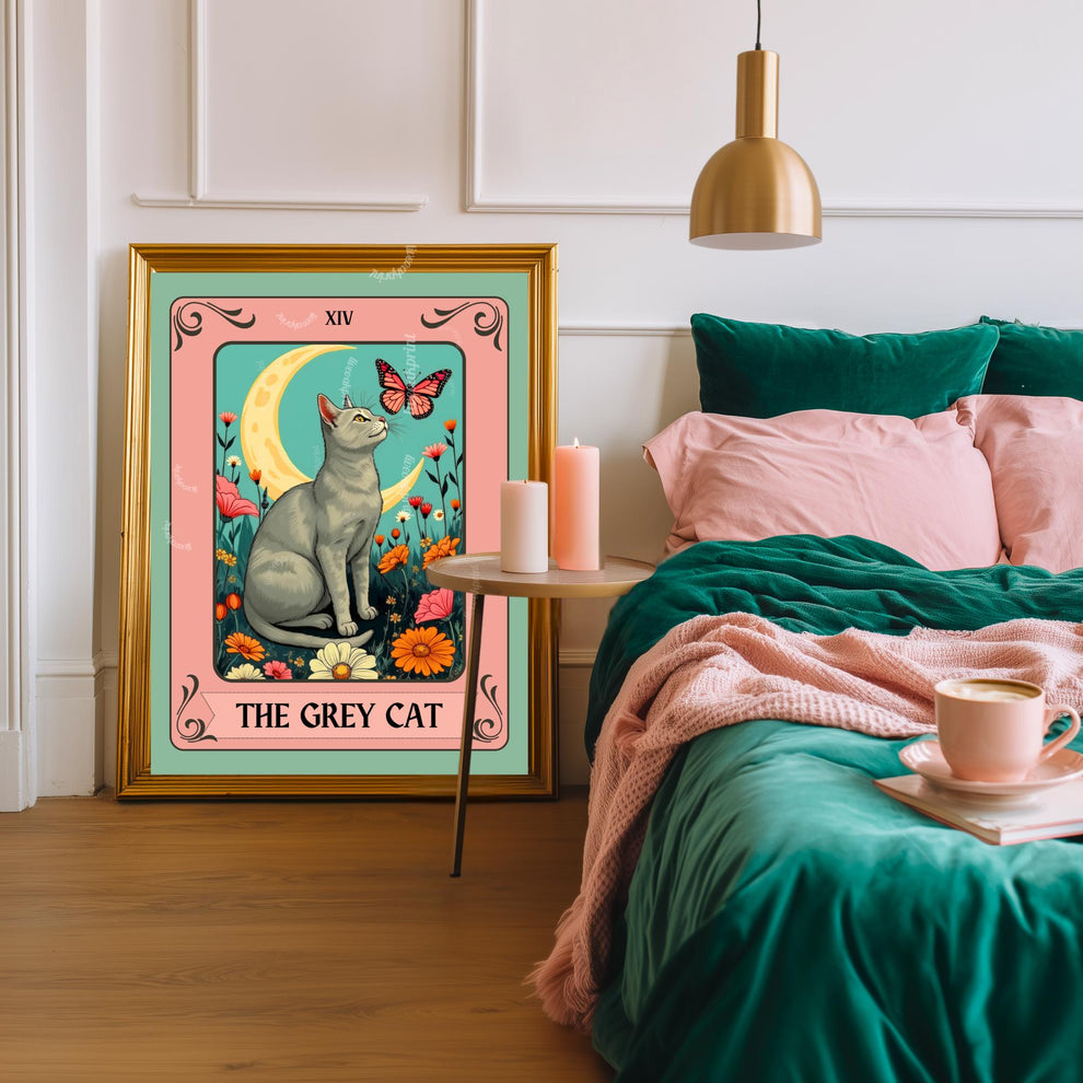 Gray Cat Tarot Card Wall Art (Solid Gray Cat) - Witchy Cat Poster Whimsical Cat Lover Gift White and Gray Cat Wall Art