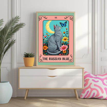 Russian Blue Cat Tarot Card Wall Art – Witchy Gray Cat Poster Boho Cat Lover Gift Russian Blue Cat Gift Ideas
