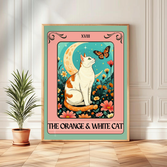 Orange and White Cat Tarot Card Print – Witchy Botanical Cat Wall Art Cat Lover Gift White and Orange Cat Artwork Bicolor Orange Cat