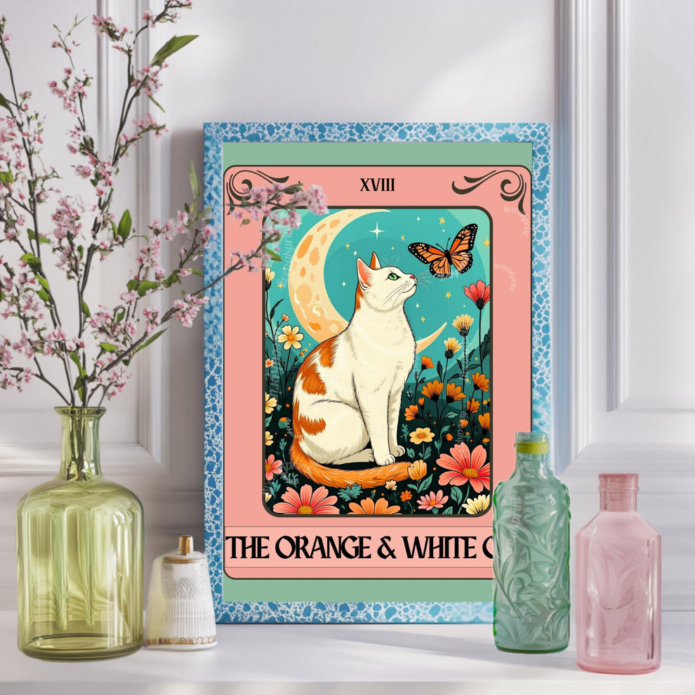 Orange and White Cat Tarot Card Print – Witchy Botanical Cat Wall Art Cat Lover Gift White and Orange Cat Artwork Bicolor Orange Cat