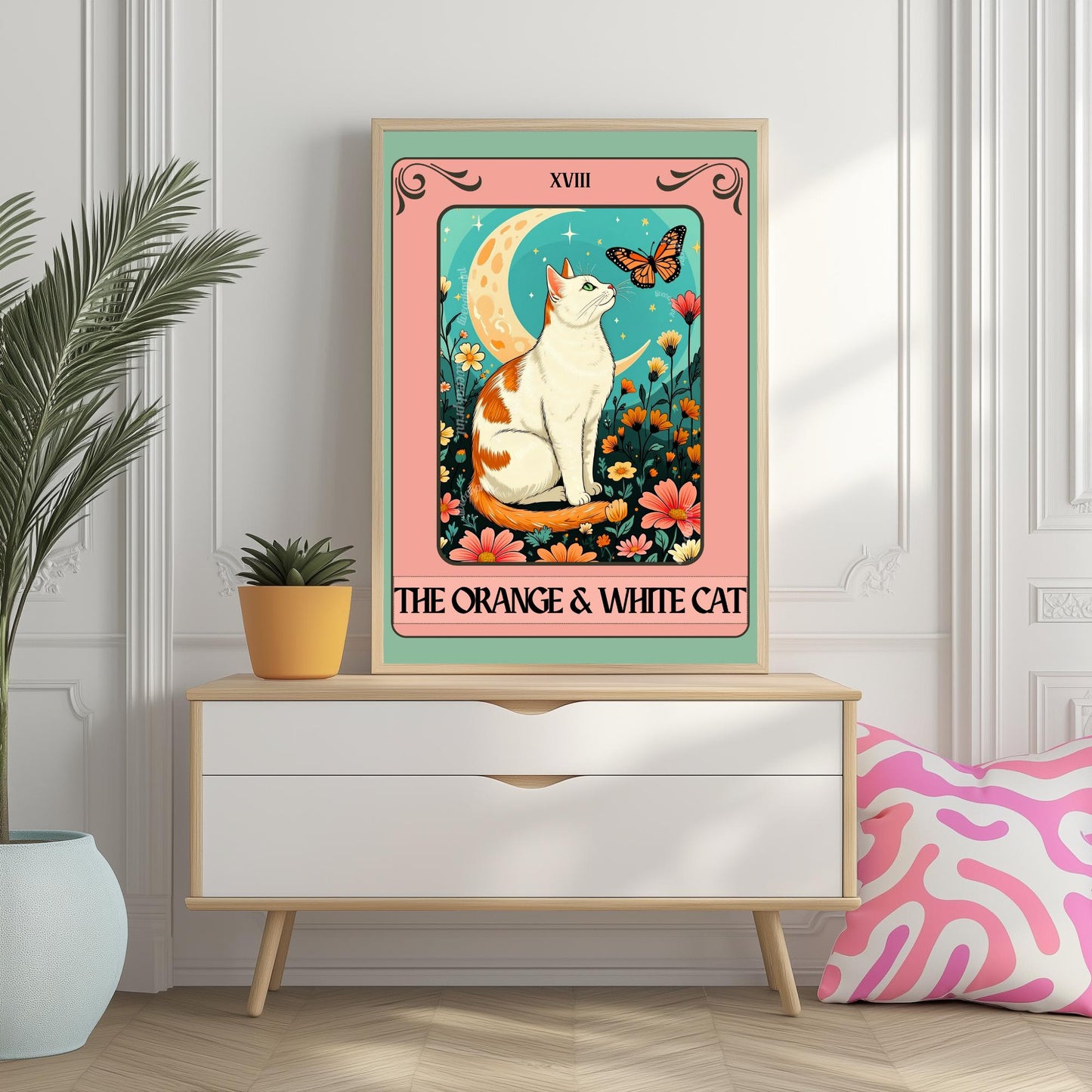 Orange and White Cat Tarot Card Print – Witchy Botanical Cat Wall Art Cat Lover Gift White and Orange Cat Artwork Bicolor Orange Cat
