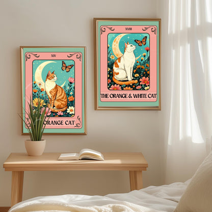 Orange and White Cat Tarot Card Print – Witchy Botanical Cat Wall Art Cat Lover Gift White and Orange Cat Artwork Bicolor Orange Cat