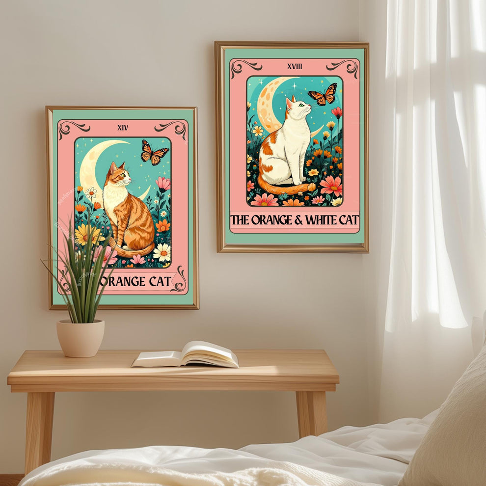 Orange and White Cat Tarot Card Print – Witchy Botanical Cat Wall Art Cat Lover Gift White and Orange Cat Artwork Bicolor Orange Cat