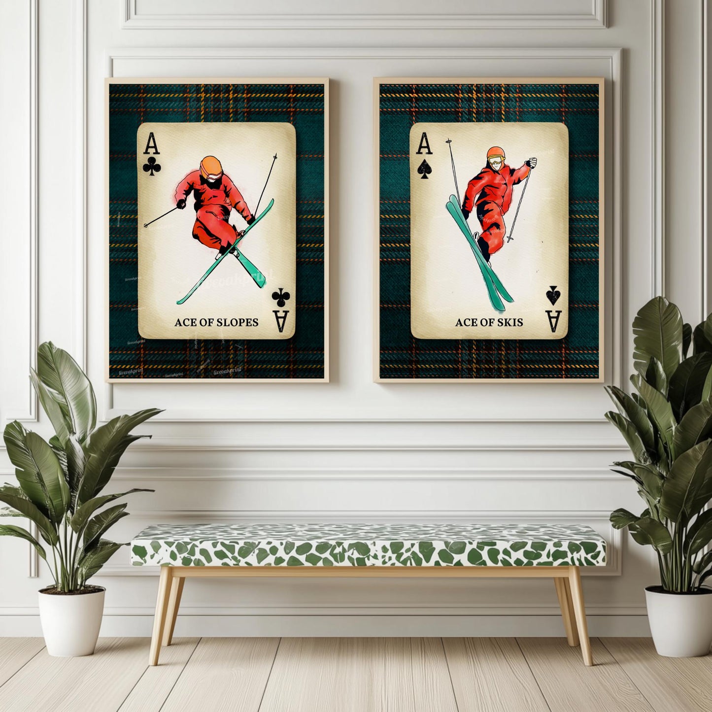 Set of Two Retro Ski Art Prints - Ace Of Skis Wall Art Skiing Wall Decor Apres Ski Aesthetic Ski Lodge Decor Winter Wall Art Gift for Skiers