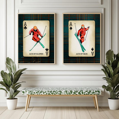 Set of Two Retro Ski Art Prints - Ace Of Skis Wall Art Skiing Wall Decor Apres Ski Aesthetic Ski Lodge Decor Winter Wall Art Gift for Skiers