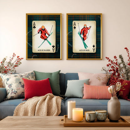Set of Two Retro Ski Art Prints - Ace Of Skis Wall Art Skiing Wall Decor Apres Ski Aesthetic Ski Lodge Decor Winter Wall Art Gift for Skiers