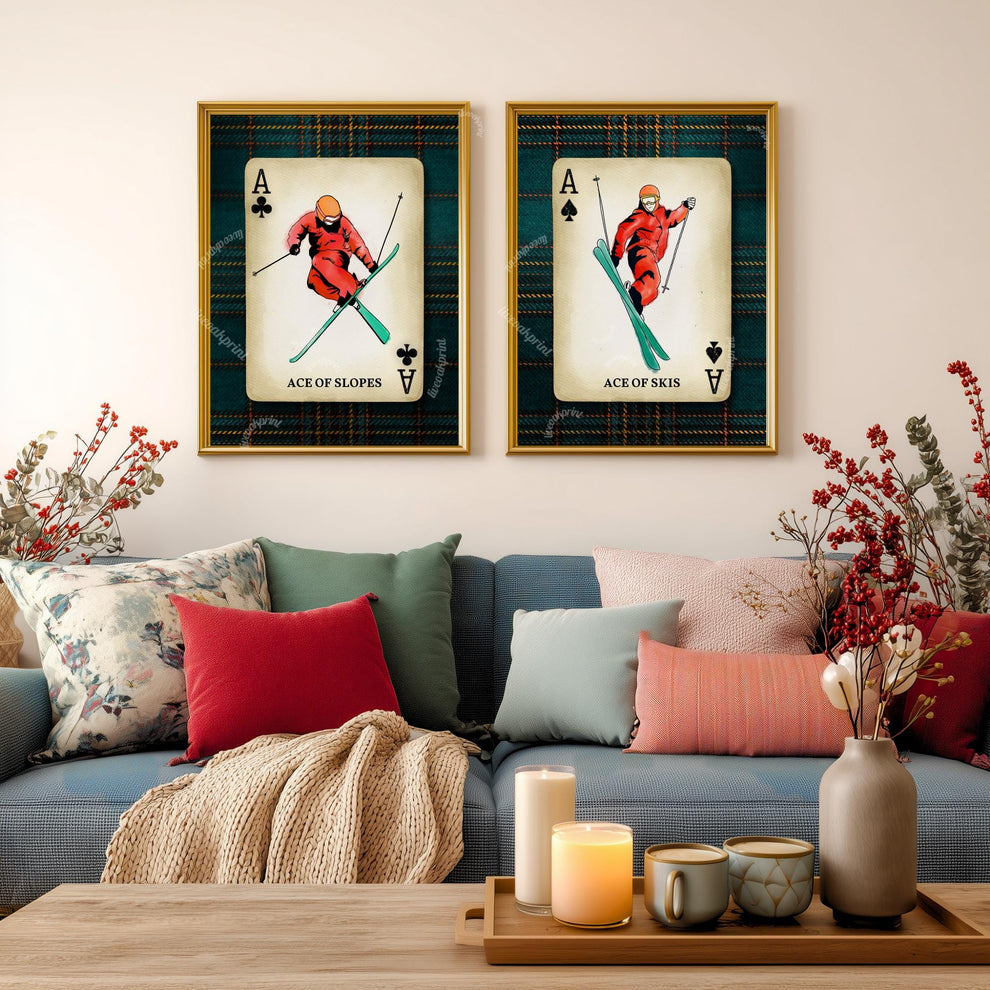 Set of Two Retro Ski Art Prints - Ace Of Skis Wall Art Skiing Wall Decor Apres Ski Aesthetic Ski Lodge Decor Winter Wall Art Gift for Skiers