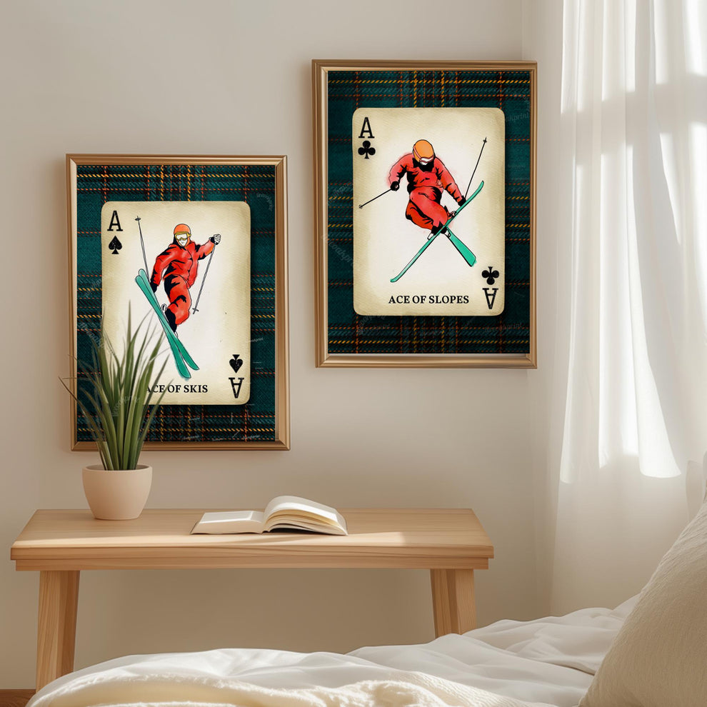 Set of Two Retro Ski Art Prints - Ace Of Skis Wall Art Skiing Wall Decor Apres Ski Aesthetic Ski Lodge Decor Winter Wall Art Gift for Skiers