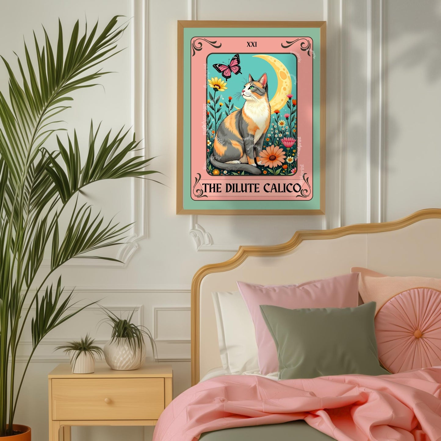 Dilute Calico Cat Tarot Card – Botanical Cat Wall Art Boho Cat Lover Gift Dilute Calico Wall Art